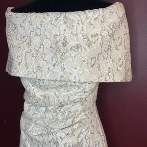 Vince Camuto Women’s 6 Beige Ivory Lace Sequin Off Shoulder Stretch Maxi Dress